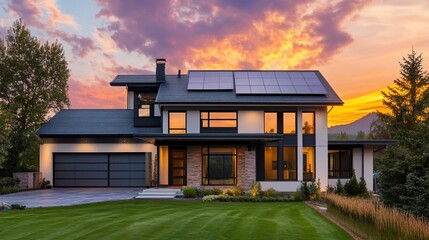 Contemporary house with solar panels against the backdrop of a dramatic sunset