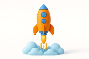 a bright rocket is flying above the clouds with floating vapor trails and playful signs of motion in a clear white sky