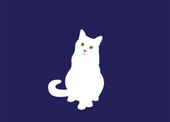 Cute white cat with yellow eyes on purple background. Vector illustration.