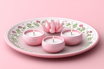 Flat design of three diyas on a festive plate