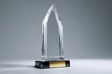 Clear glass award trophy on black base, gold plate for inscription, geometric design, symbolizes achievement, success, recognition