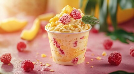 A tropical fruit yogurt mockup with vibrant yellow and red graphics on a muted pink background 