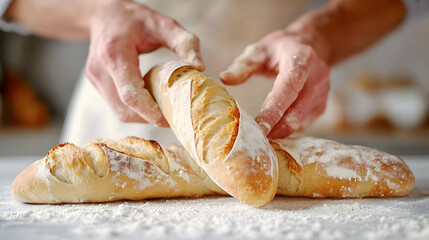 Artisan Baker Holding Fresh Baguettes On Floury Surface