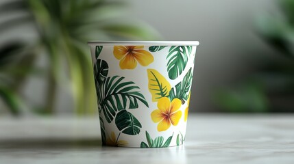 A tropical yogurt cup with vibrant yellow and green graphics on a light grey background 