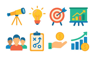 Business and strategy flat icons set – filled, analytics and growth symbols