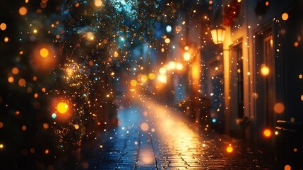 flickering firefly trails on a festive street background