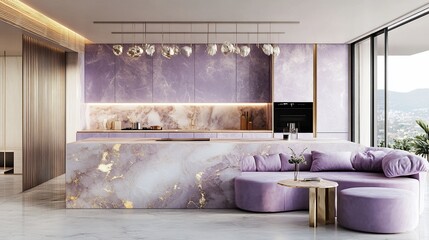 Elegant Modern Kitchen Interior with Luxurious Marble and Lavender Accents