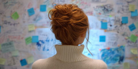 Woman with red hair bun, wearing cream turtleneck sweater, looks at whiteboard covered in notes and sticky notes, suggesting planning or brainstorming session