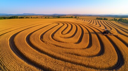 Naklejka premium Midwest wheat field drone shot capturing mesmerizing curved and linear patterns in golden harvest, vast agricultural landscape with textural details and shadows highlighting three-dimensional quality