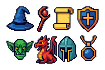 Fototapeta premium Fantasy game pixel art icons set – magic, adventure, role-playing symbols