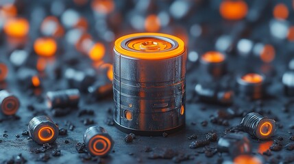 Futuristic energy cells scattered on a dark surface glowing with fiery light