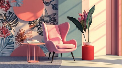 Elegant interior scene featuring a pink armchair and decorative elements