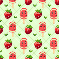 Seamless vector pattern with kawaii watermelon popsicles, strawberries, and green hearts on a light green checkered background