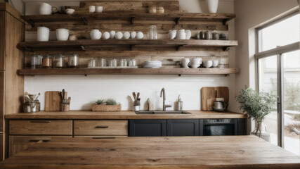 Rustic Kitchen Interior with Wooden Cabinets, Natural Light, and Large Window