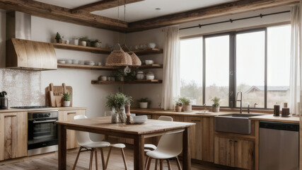 Fototapeta premium Rustic Kitchen Interior with Wooden Cabinets, Natural Light, and Large Window
