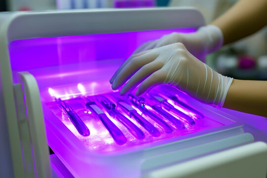 Nail salon staff sterilizing tools in a UV sterilizer for hygiene and safety.
