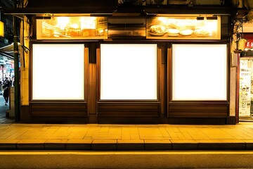 Blank advertising spaces on a store front at night