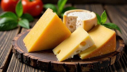 Assortment of cheeses on rustic wood Copy space , wine, organic