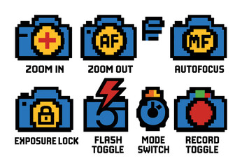 Camera controls pixel art icons set – photography, digital, retro-style symbols