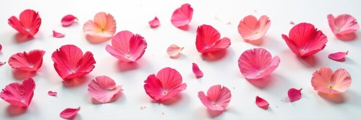 Dried rose petals scattered on pristine white, delicate texture , white background, element