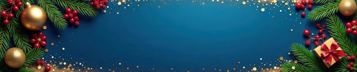 Elegant blue Xmas border Golden accents, fir, gifts, and festive confetti , mockup, branches, topview