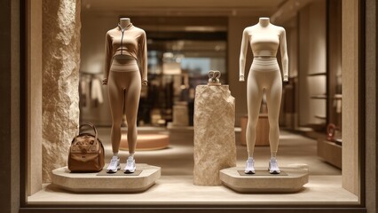 Luxury Sportswear Boutique Window Display Featuring Minimalist Neutral-Toned Women&rsquo;s Activewear with Designer Accessories, Ambient Lighting, and Contemporary Decor for High-End Fashion Marketing