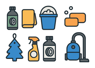 Cleaning tools outline icons set – line, flat, hygiene and sanitation symbols