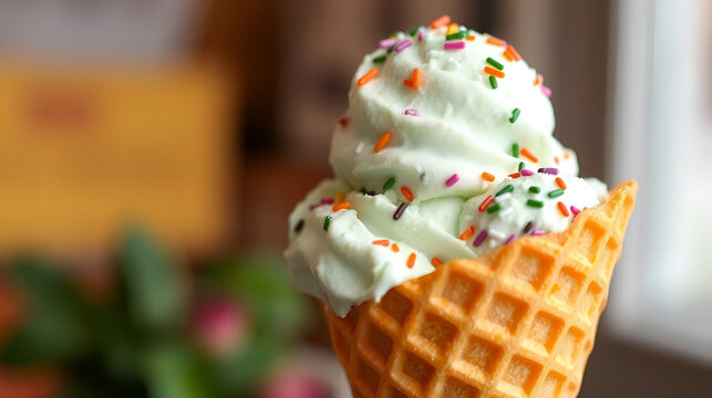 Waffle cone filled with creamy mint ice cream and topped with sprinkles, refreshing, tasty, fun