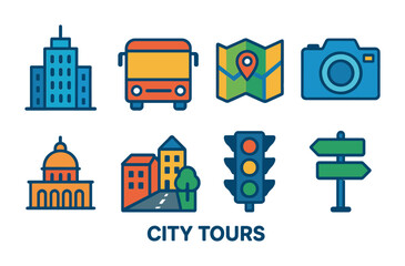 Naklejka premium City tours icons set: flat, outline, travel and urban exploration symbols