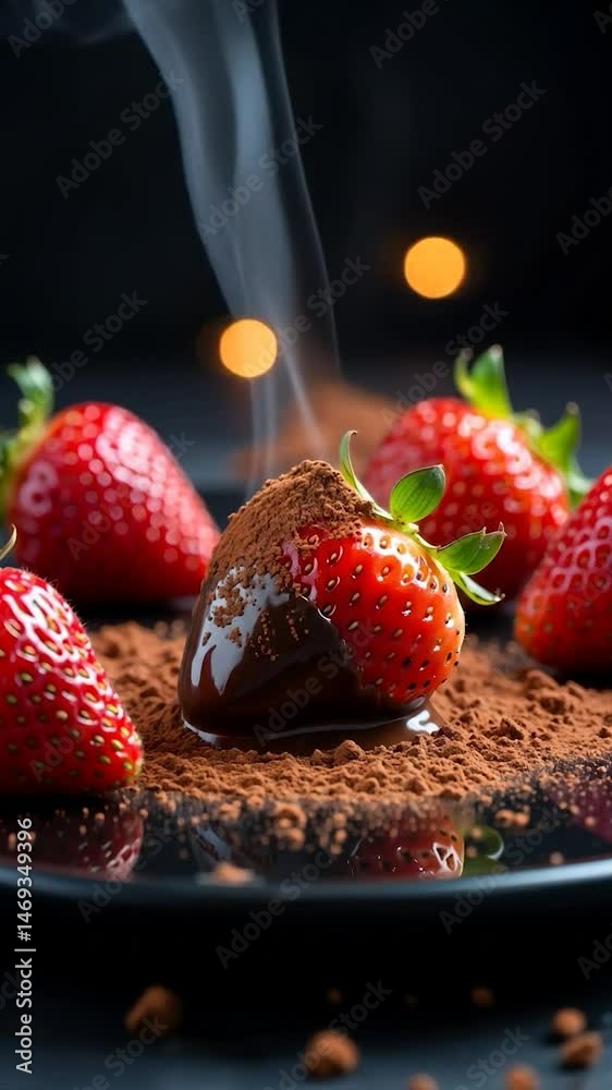 Poster a striking close-up of luscious chocolate-dipped strawberries on a dark plate, surrounded by cocoa p