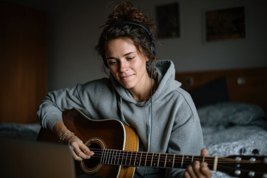 Woman Playing Acoustic Guitar: Cozy Home Studio Music Session