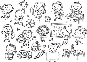 Black and white school kids clipart set. Cartoon school children with books, learning outline clip art