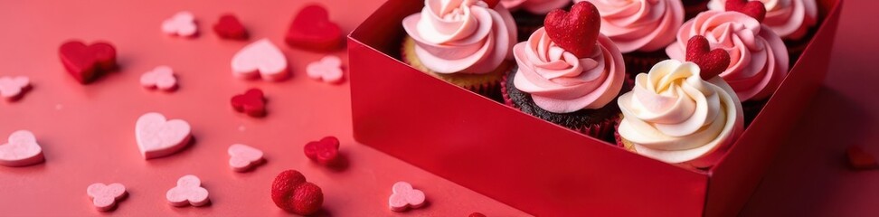 Red banner, box of Valentine's cupcakes, overhead view, bakery, strawberry