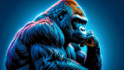Portrait of a giant ape thinking hard. A silverback gorilla posing as the thinker.