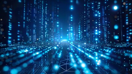 Fototapeta premium A dynamic blue technology-inspired background featuring hexagonal patterns, luminous lines, and gradient transitions for a sleek, modern look. 