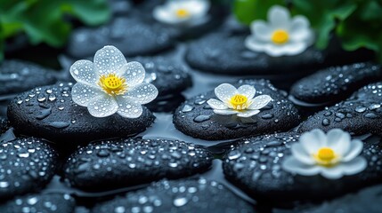 Delicate white flowers on dark stones with water droplets.