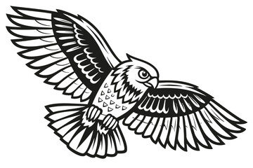 93 owl, bird, bird of prey, raptor, nocturnal, round eyes, beak, feathers, detailed, intricate, ornate, black and white, emblem, logo, vector, illustration