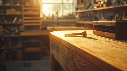 Golden Sunlight on a Woodworking Workbench with Tools woodworking workbench tools sunlight workshop