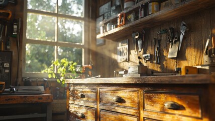 Fototapeta premium Rustic Vintage Workshop Interior with Sunlight Streaming Through Window workshop vintage rustic wood