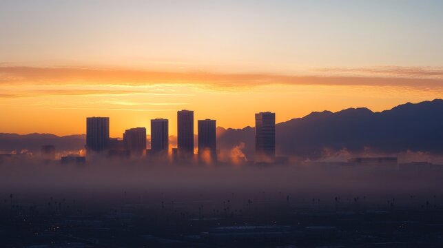 Sunrise over a Misty City Skyline - Powered by Adobe