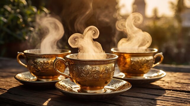 Ornate Golden Teacups with Steam in Warm Evening Light