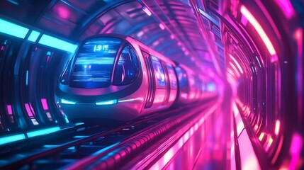 Futuristic Train with Neon Tunnel.