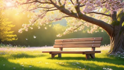 Fototapeta premium illustration of a wooden bench under a blooming tree in a sunlit meadow