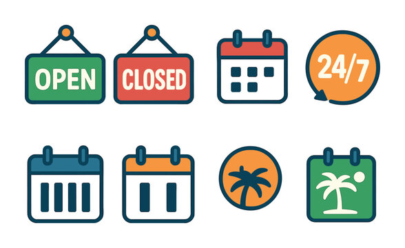Business and event flat icons set – filled, calendar, open and closed signs