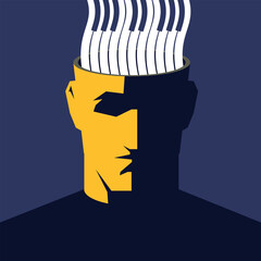 Conceptual vector illustration of a human head with an open top, from which wavy piano keys emerge. The image symbolizes creative thinking, musical inspiration, artistic intelligence.
