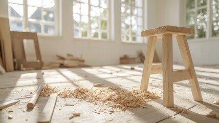 Woodworking in progress: Stool, shavings, and sunlit room woodworking room sunlit wood stool sawdust