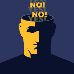 Conceptual vector illustration of a human head with the top open, with "Yes" and "No" signs flying out. The image symbolizes decision-making, internal dialogue, reflection, or mental processes. 