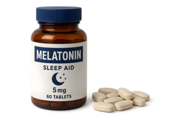 A bottle of melatonin sleep aid tablets, containing 60 tablets of 5 mg each, alongside some loose tablets. Concept Melatonin Sleep Aid, 5 mg Tablets, 60-Count Bottle, Loose Tablets