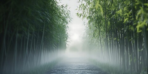 Dense bamboo path fading into mist viewed from a straight angle.