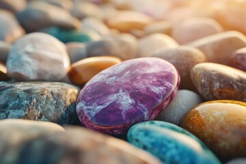 Colorful stones, close-up view, various shapes and vibrant hues